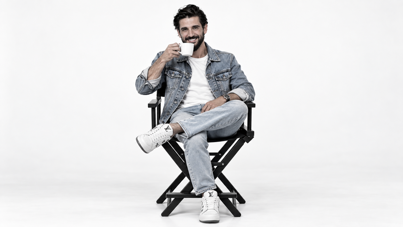 Man in denim seated in a director’s chair, holding a coffee cup